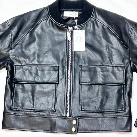MNG Mango Black Faux Leather Jacket Women Small Black Short Patch Pockets New - Picture 3 of 10